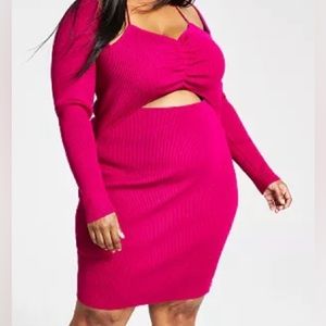 Raspberry color sweater dress w/ cut out top. One piece.